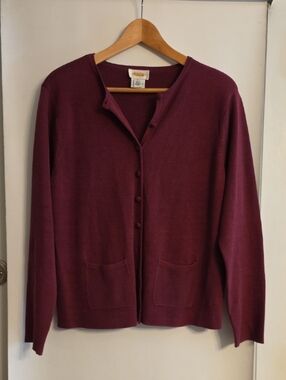 Talbots Silk Plum Button-Front Cardigan with Patch Pockets